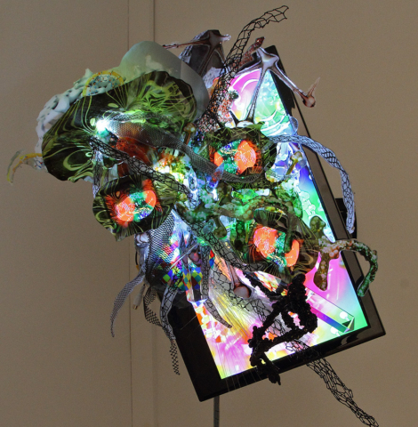 “Screenscaping #1″ 2012 ,4 Channel Video Sculpture, (1) 19″ LED screen, (3) 3.5″ LCD screens , fiber optics, printed plastic, glass, metal, Auto-start HD Media Player, 1 of 1 video/audio track. [dNASAb]