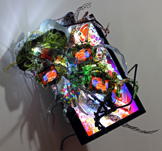“Screenscaping #1″ 2012 ,4 Channel Video Sculpture, (1) 19″ LED screen, (3) 3.5″ LCD screens , fiber optics, printed plastic, glass, metal, Auto-start HD Media Player, 1 of 1 video/audio track. [dNASAb]