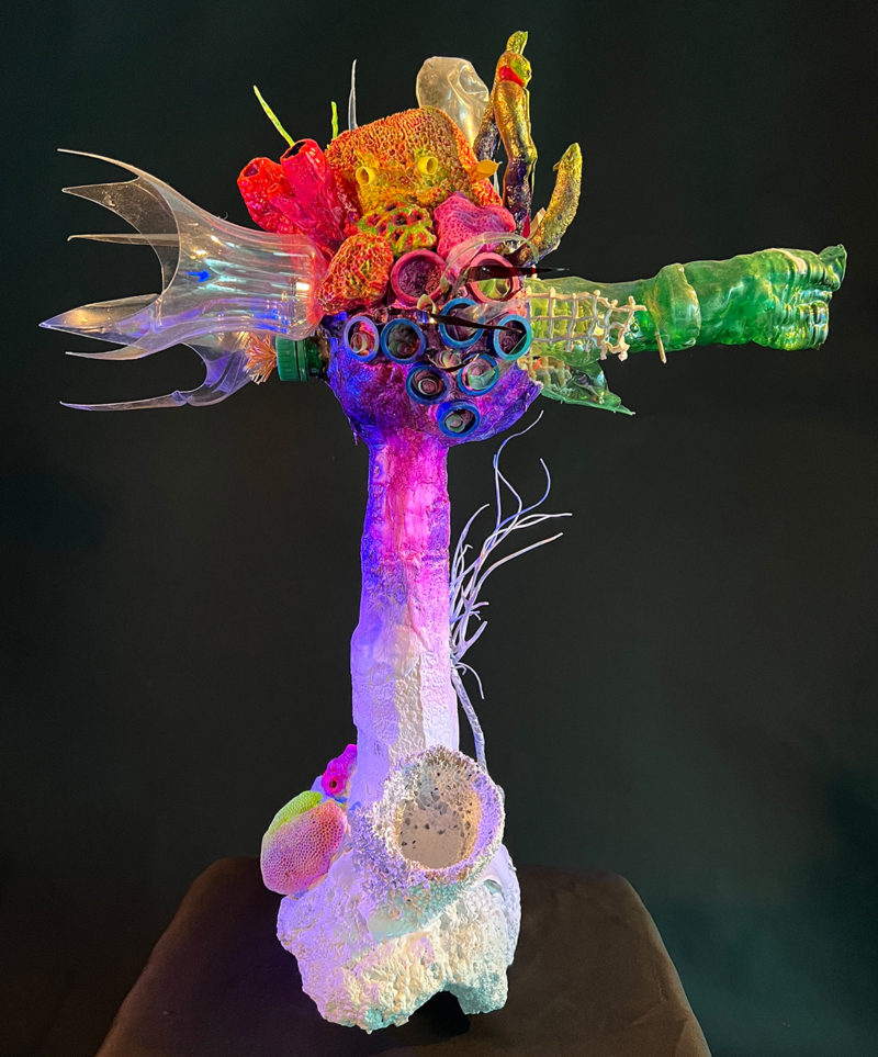 &ldquo;Coral Head_Screens for Eyes, Plastic Shit for Brains_Obscene Plasticene Daydream #4&rdquo; 2022 Reclaimed ocean styro-foams, up-cycled marine debris+plastics from beach cleanups (bottle caps,syringe,kids toys,monofilament,..) LCDscreens, screen shipping materials, recycled plastic, epoxy, resin, airbrush paints, fiber optics, LED&rsquo;s, unique 1 of 1 4K video of remixed montages of real Coral Reefs in South Florida remixed with HD 4K video. [dNASAb]