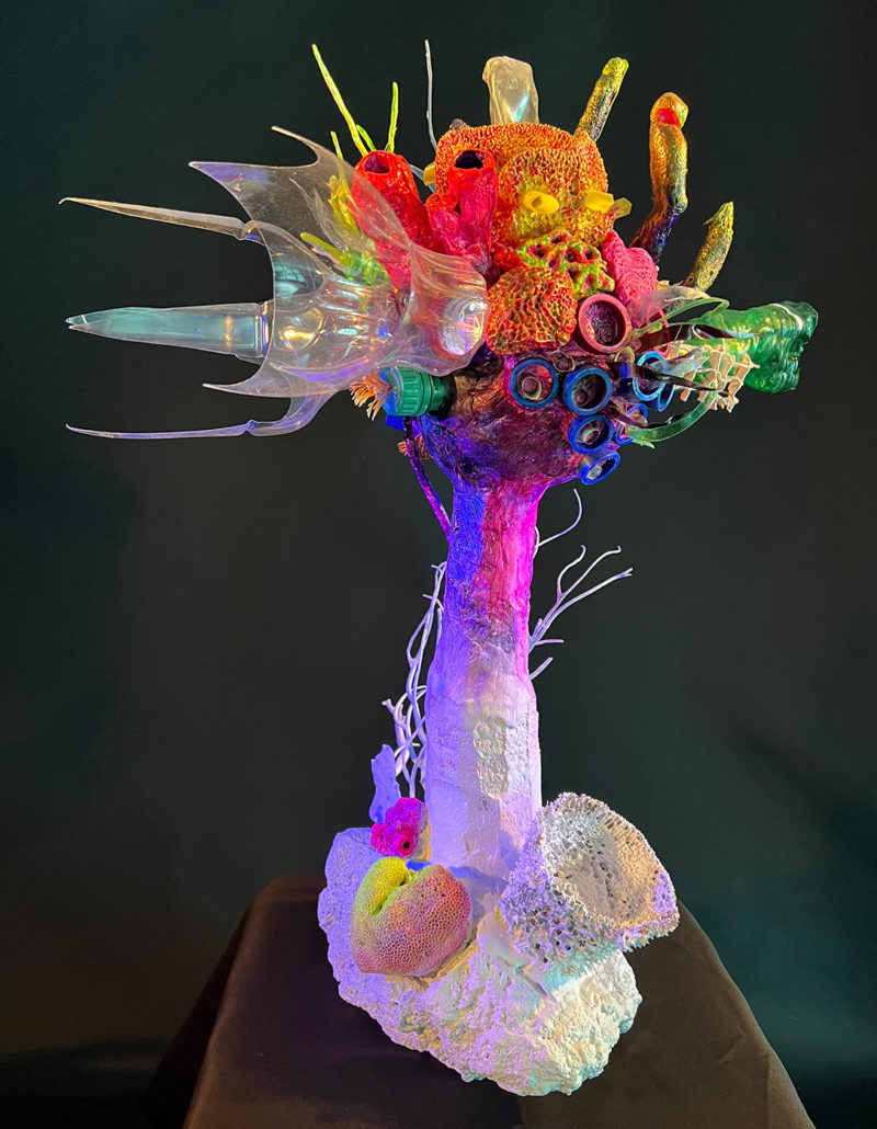 &ldquo;Coral Head_Screens for Eyes, Plastic Shit for Brains_Obscene Plasticene Daydream #4&rdquo; 2022 Reclaimed ocean styro-foams, up-cycled marine debris+plastics from beach cleanups (bottle caps,syringe,kids toys,monofilament,..) LCDscreens, screen shipping materials, recycled plastic, epoxy, resin, airbrush paints, fiber optics, LED&rsquo;s, unique 1 of 1 4K video of remixed montages of real Coral Reefs in South Florida remixed with HD 4K video. [dNASAb]