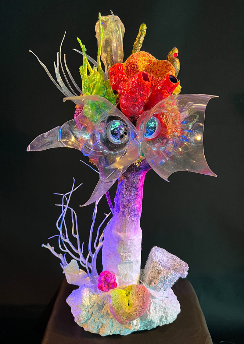 &ldquo;Coral Head_Screens for Eyes, Plastic Shit for Brains_Obscene Plasticene Daydream #4&rdquo; 2022 Reclaimed ocean styro-foams, up-cycled marine debris+plastics from beach cleanups (bottle caps,syringe,kids toys,monofilament,..) LCDscreens, screen shipping materials, recycled plastic, epoxy, resin, airbrush paints, fiber optics, LED&rsquo;s, unique 1 of 1 4K video of remixed montages of real Coral Reefs in South Florida remixed with HD 4K video. [dNASAb]