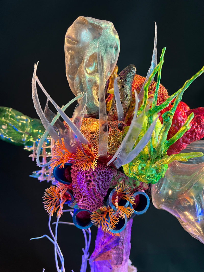 &ldquo;Coral Head_Screens for Eyes, Plastic Shit for Brains_Obscene Plasticene Daydream #4&rdquo; 2022 Reclaimed ocean styro-foams, up-cycled marine debris+plastics from beach cleanups (bottle caps,syringe,kids toys,monofilament,..) LCDscreens, screen shipping materials, recycled plastic, epoxy, resin, airbrush paints, fiber optics, LED&rsquo;s, unique 1 of 1 4K video of remixed montages of real Coral Reefs in South Florida remixed with HD 4K video. [dNASAb]