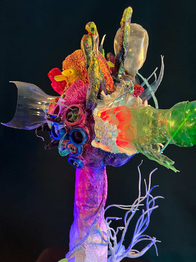 &ldquo;Coral Head_Screens for Eyes, Plastic Shit for Brains_Obscene Plasticene Daydream #4&rdquo; 2022 Reclaimed ocean styro-foams, up-cycled marine debris+plastics from beach cleanups (bottle caps,syringe,kids toys,monofilament,..) LCDscreens, screen shipping materials, recycled plastic, epoxy, resin, airbrush paints, fiber optics, LED&rsquo;s, unique 1 of 1 4K video of remixed montages of real Coral Reefs in South Florida remixed with HD 4K video. [dNASAb]