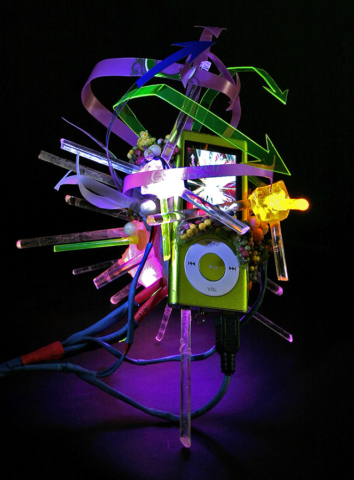 “iPod ecosystem#D-6″, 2007 de-cased Ipod,directly sculpted onto, plastics [Polyethylene Terephthalate & High-Density Polyethylene],resin, acrylic,extruded polyethylene, aluminum, airbrush paints,12 v LED’s,fiber optics,custom video and video-playlist.__[dNASAb]