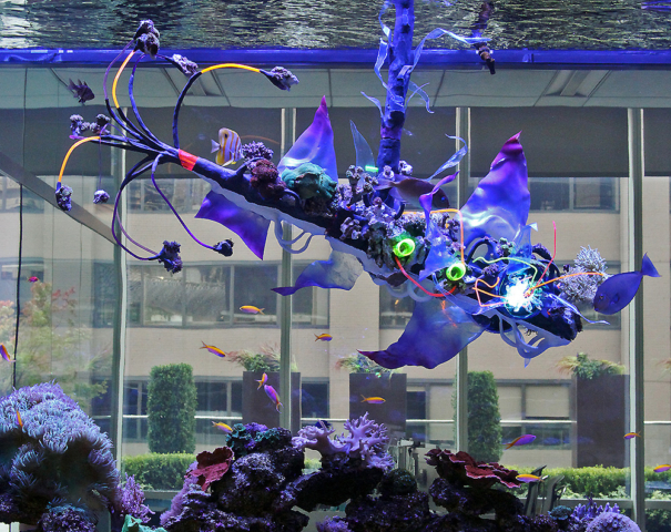 “Sculpting Life, A re-contextualization of the living marine reef ecosystem” #2 2014 Thermal formed plastics,cast archival images, 40 living corals, 120 led’s,acrylic, fiber optics,reclaimed plastics, resin, live rock, and a full marine ecosystem. [dNASAb]